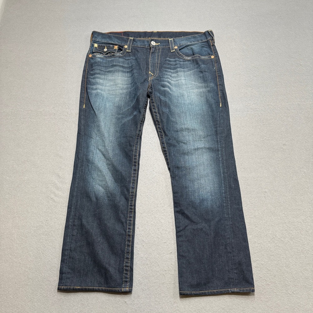 True Religion Jeans Men's 38 Blue Denim Dark Wash Slim Straight Leg Whiskered